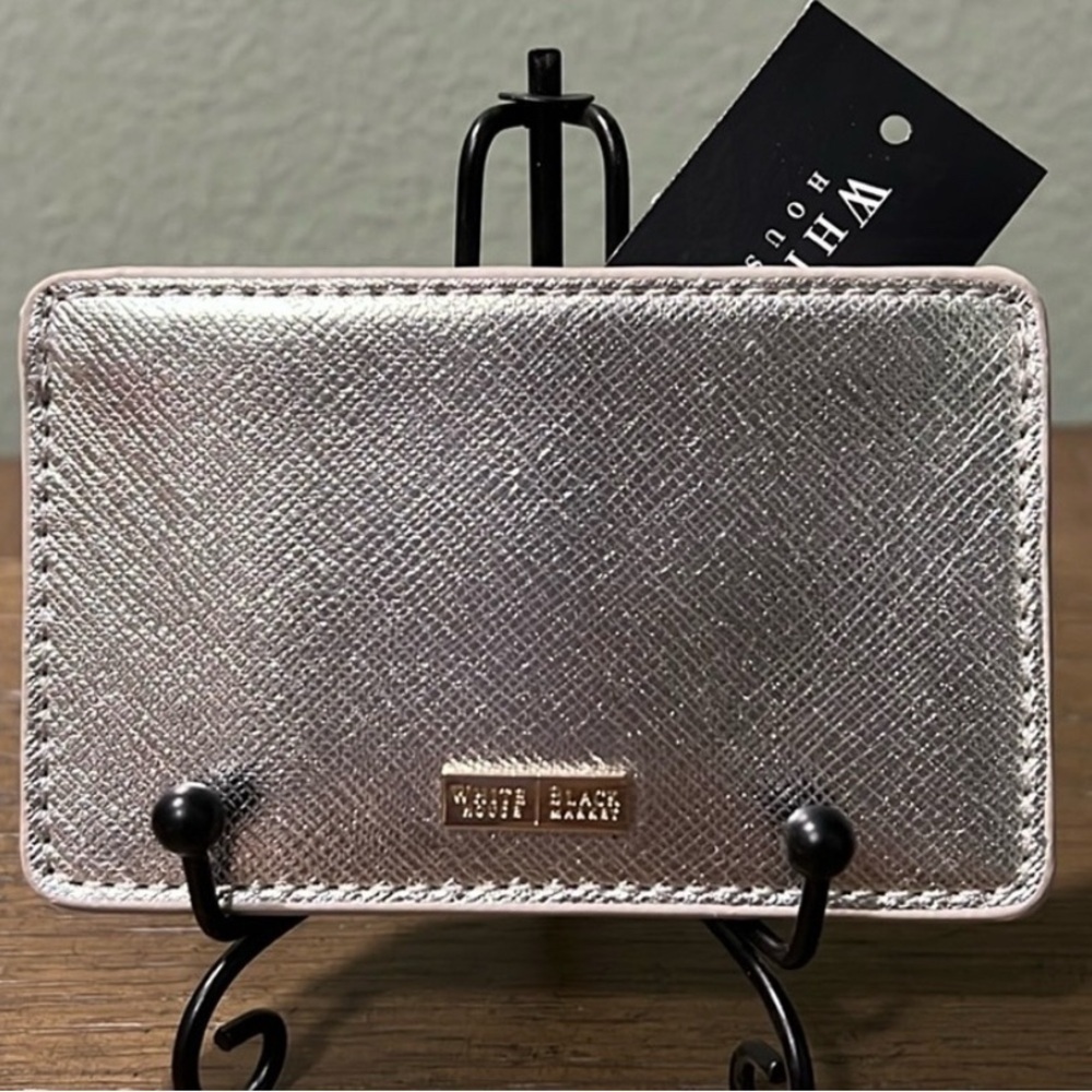 WHBM Metallic Silver card holder, Faux leather,magnetic closure,slim,gold logo